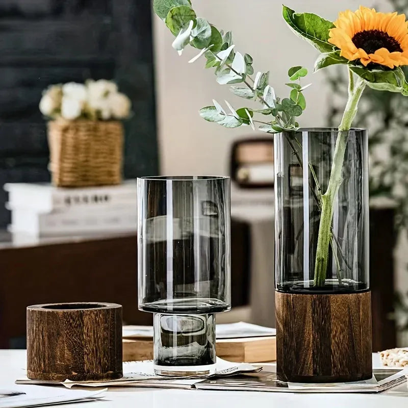 Hydroponic Glass Vase – Minimalist Wooden Base Decor