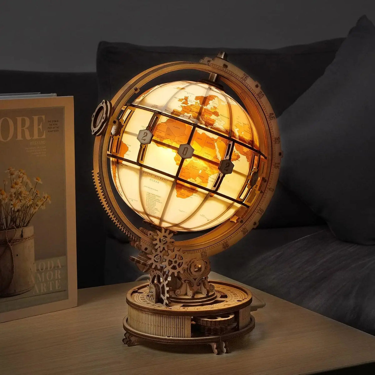 Luminous Globe 3D Wooden Puzzle - LED Rotating World Model Kit