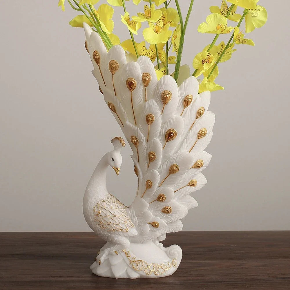 Modern Peacock Sculptural Vase – White & Gold Resin