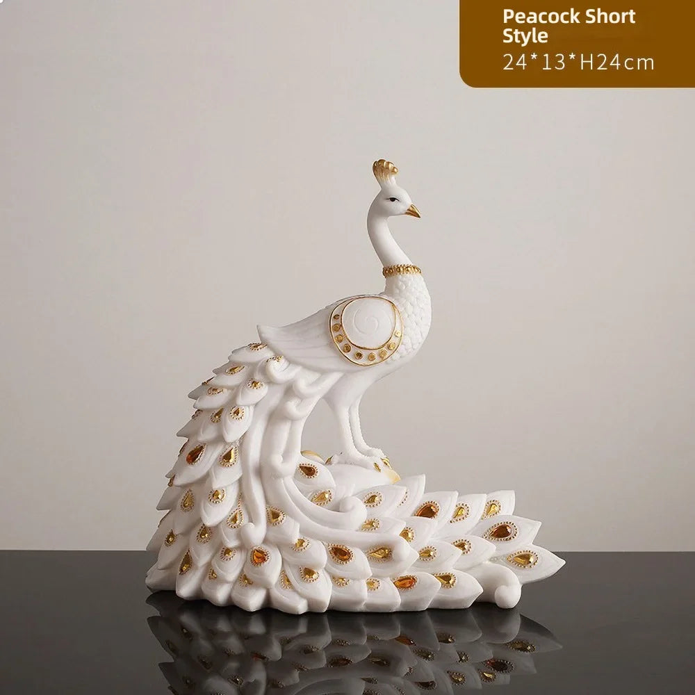 Modern Peacock Sculptural Vase – White & Gold Resin