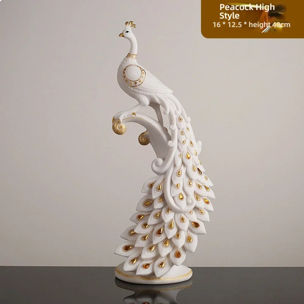 Modern Peacock Sculptural Vase – White & Gold Resin