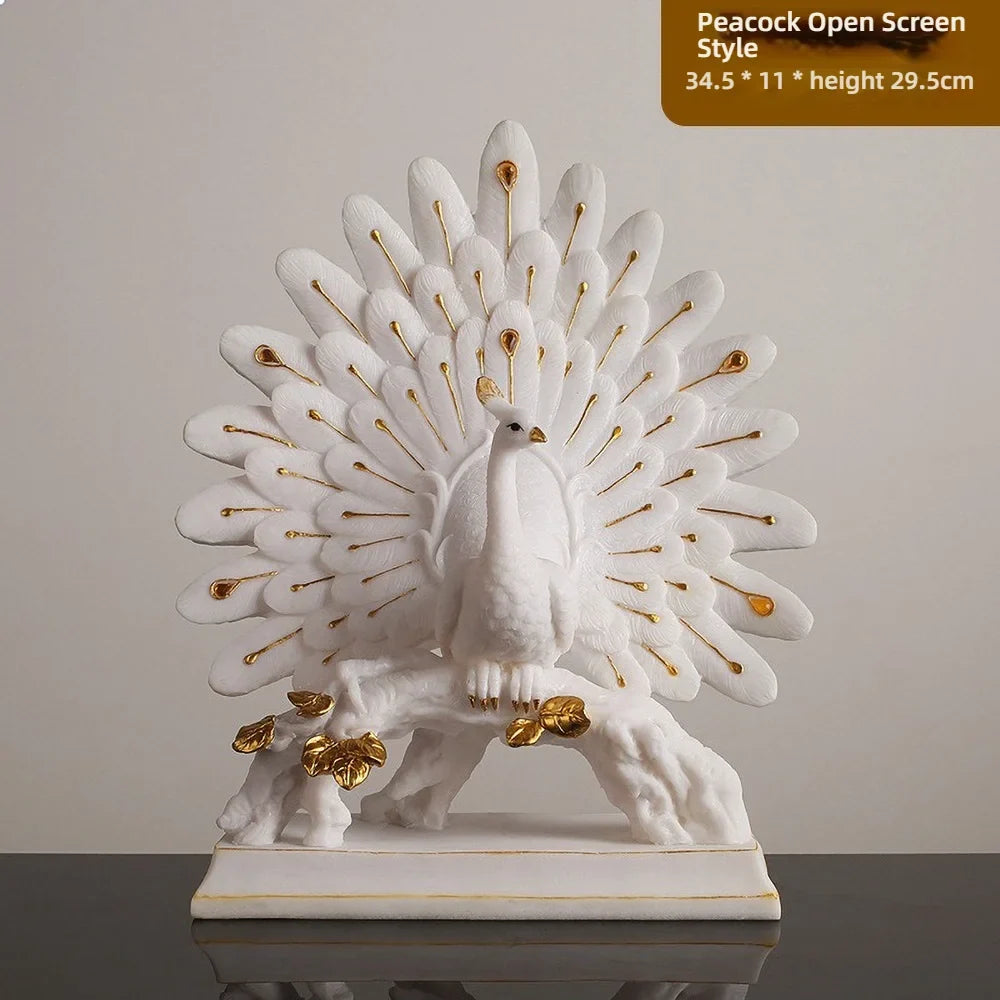 Modern Peacock Sculptural Vase – White & Gold Resin