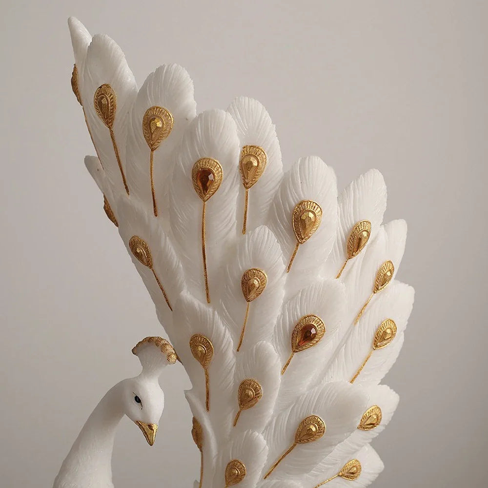 Modern Peacock Sculptural Vase – White & Gold Resin