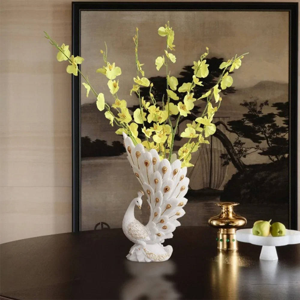 Modern Peacock Sculptural Vase – White & Gold Resin