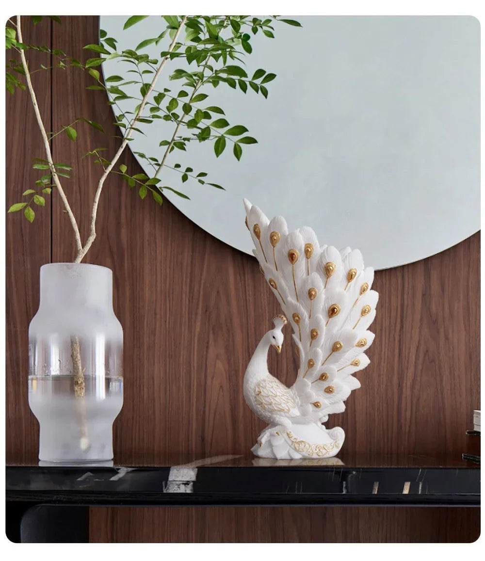Modern Peacock Sculptural Vase – White & Gold Resin