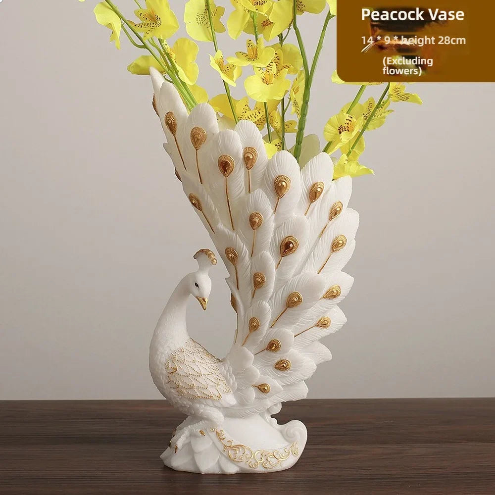 Modern Peacock Sculptural Vase – White & Gold Resin