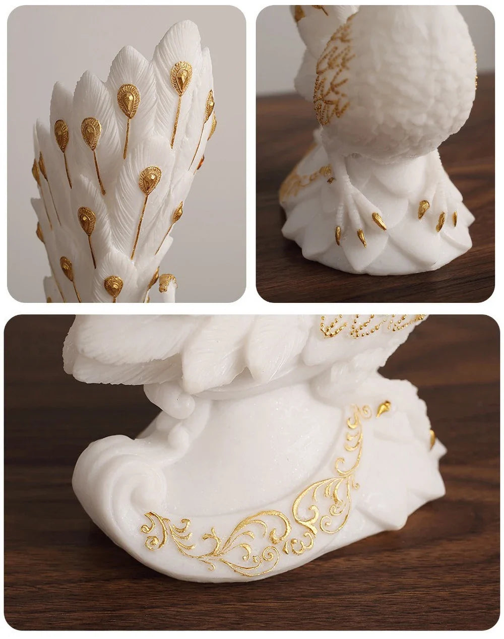 Modern Peacock Sculptural Vase – White & Gold Resin