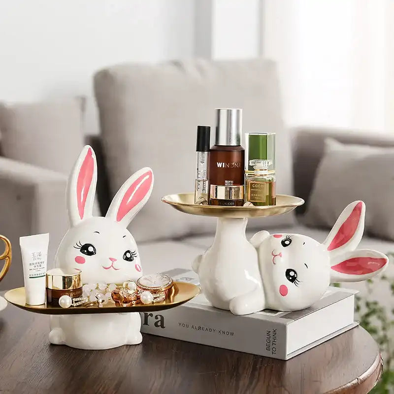 Cute Rabbit Ceramic Tray - White Bunny Jewelry Holder