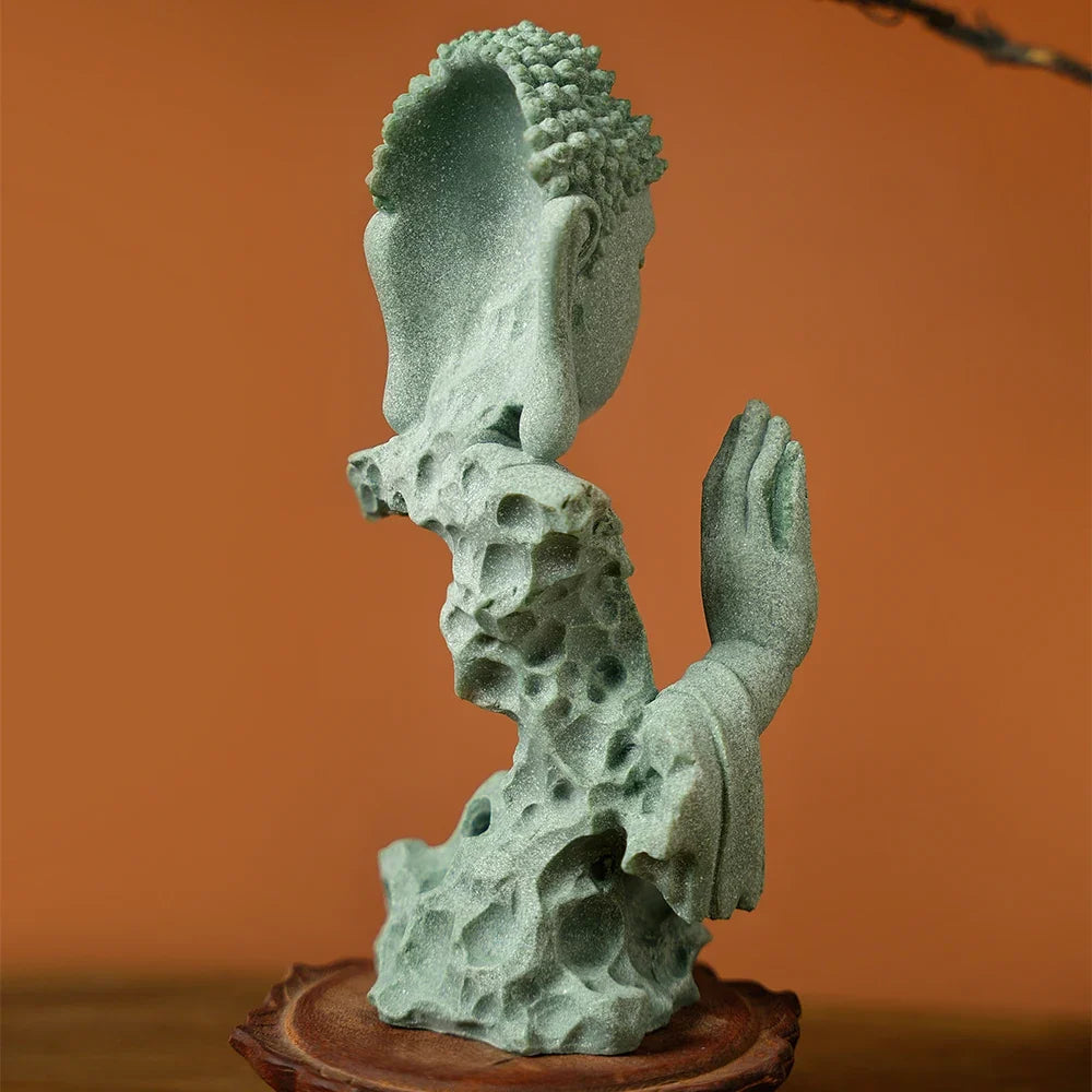 Serene Zen Buddhist Statue Natural Green Sandstone Desktop Decor