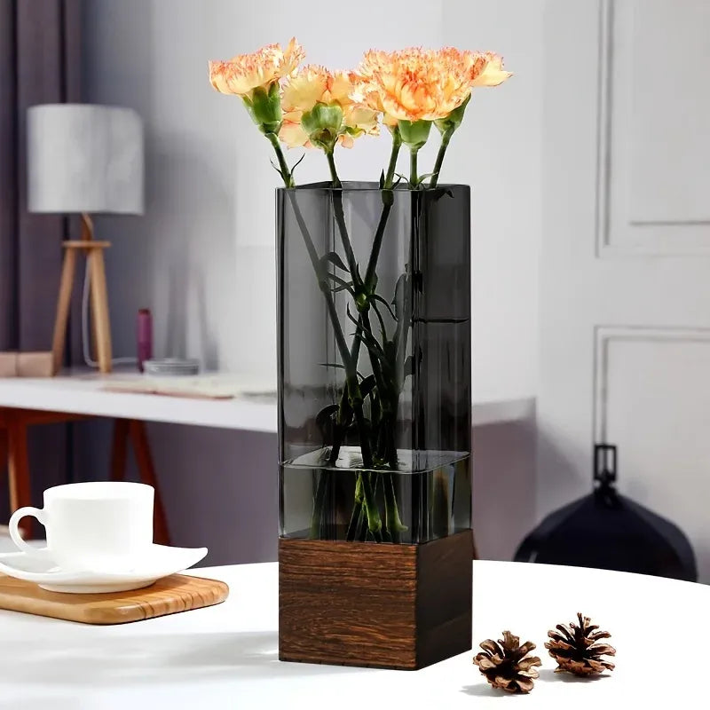 Nordic Acrylic Vase with Wooden Base – Tabletop Decor