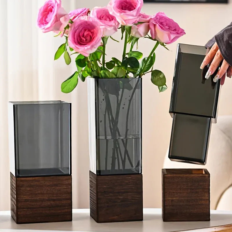 Nordic Acrylic Vase with Wooden Base – Tabletop Decor