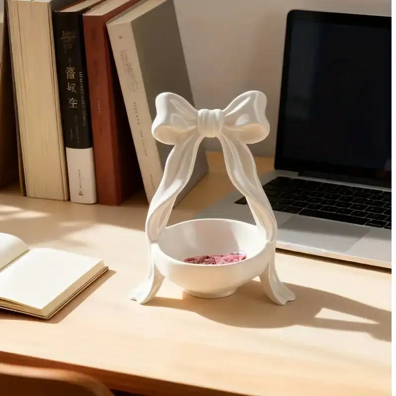 Bow-Shaped Jewelry Dish - 3D Printed Organizer with 3 Hooks