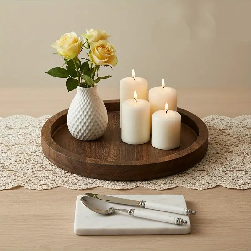 Farmhouse Round Wood Serving Tray - Plate for Candles & Centerpieces