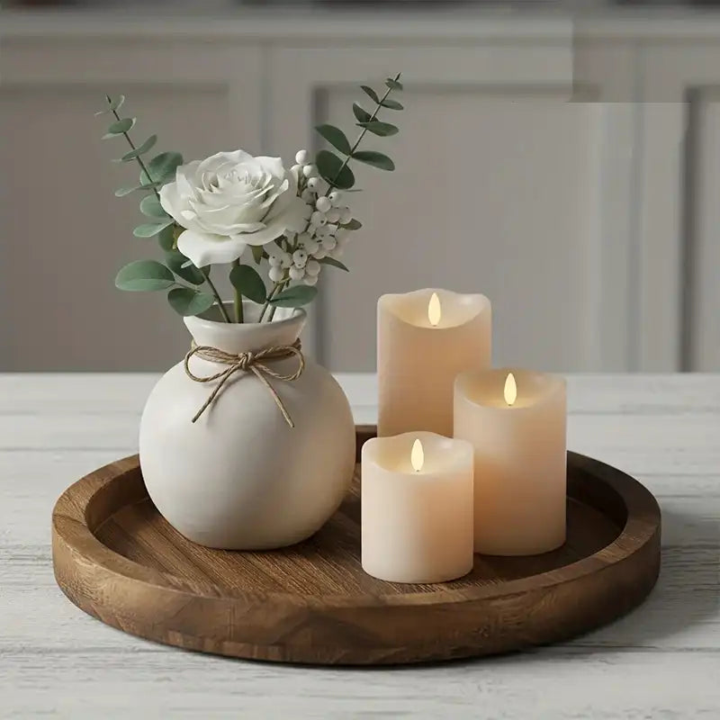 Farmhouse Round Wood Serving Tray - Plate for Candles & Centerpieces