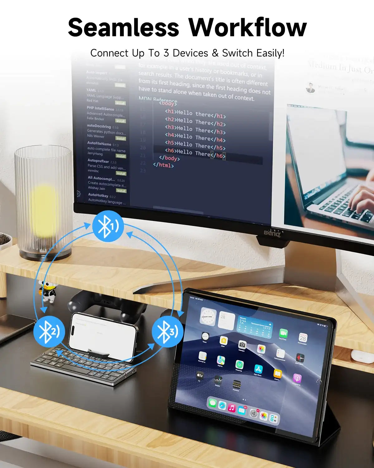 Foldable Bluetooth Keyboard with Stand 3-Device Wireless Mini Keypad