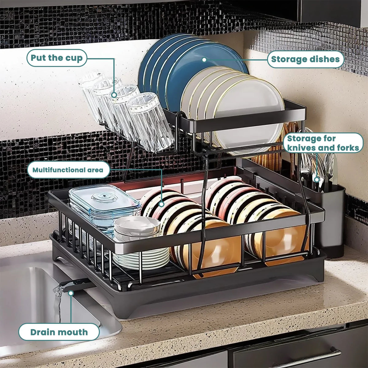 Large 2-Tier Dish Drying Rack – Heavy-Duty Metal Kitchen Counter Organizer