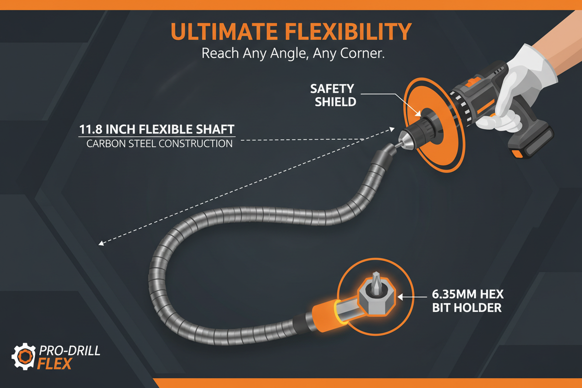 Flexible Drill Bit Extension – 11.8" Carbon Steel, 1/4" Hex