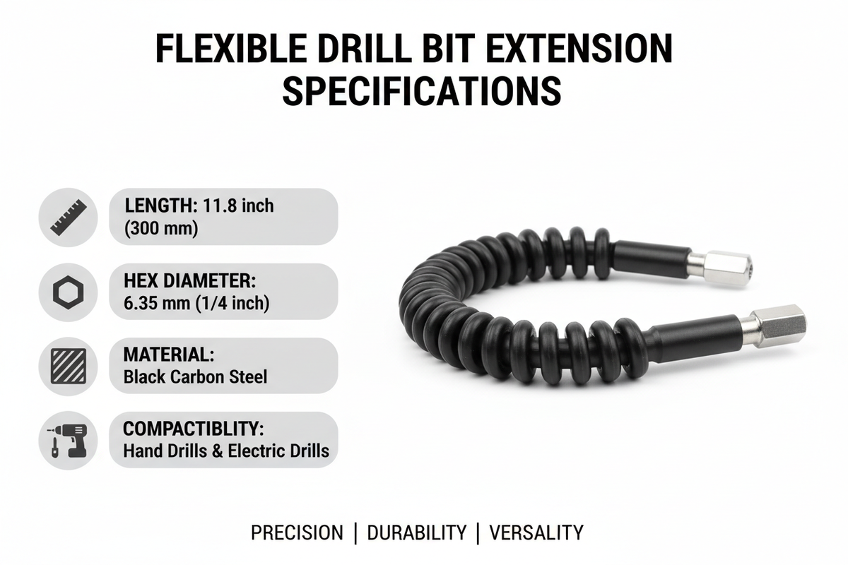 Flexible Drill Bit Extension – 11.8" Carbon Steel, 1/4" Hex
