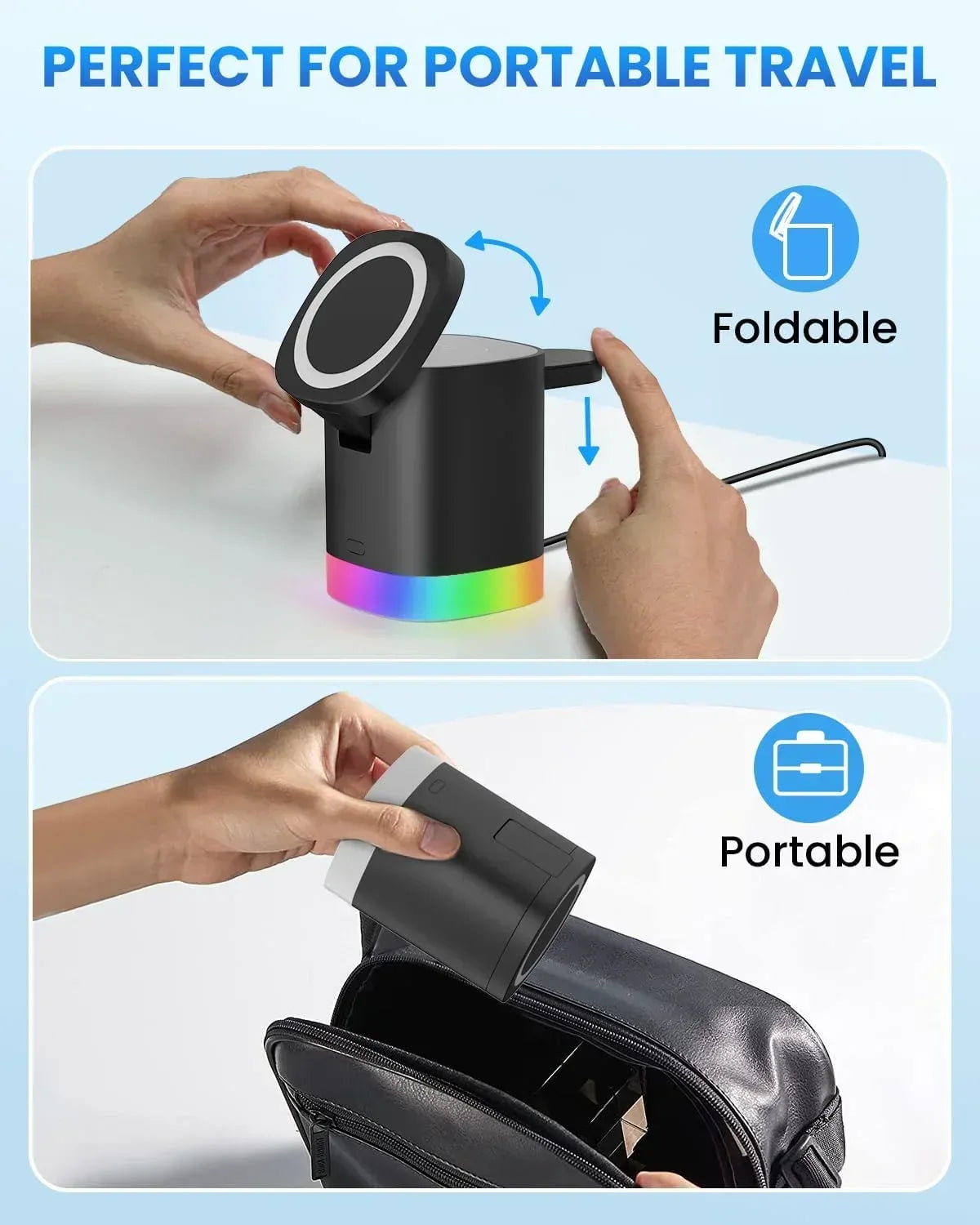 Foldable 3-in-1 MagSafe Wireless Charger RGB Travel Dock for iPhone & Watch