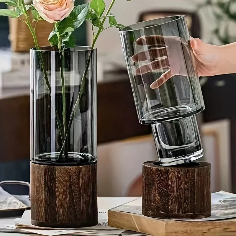 Hydroponic Glass Vase – Minimalist Wooden Base Decor