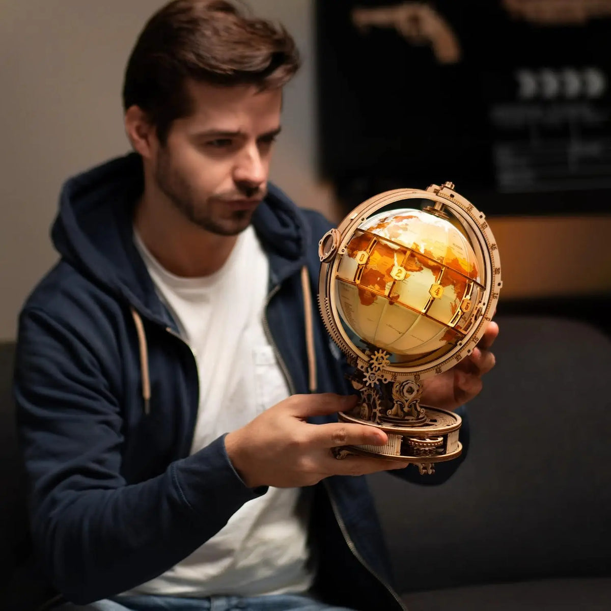 Luminous Globe 3D Wooden Puzzle - LED Rotating World Model Kit