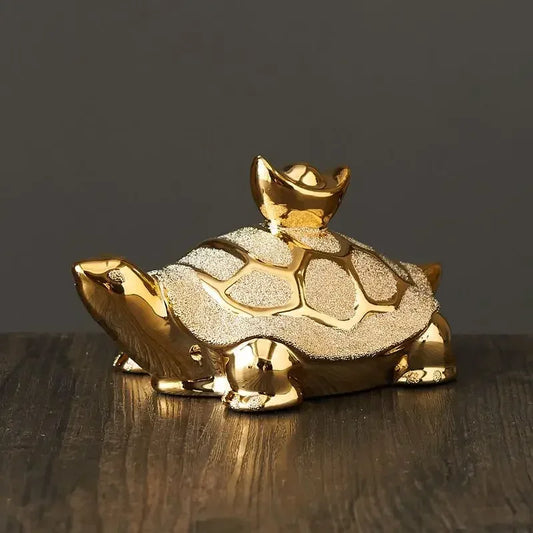 Gold-Plated Ceramic Fortune Turtle Lucky Money Figurine Home & Office