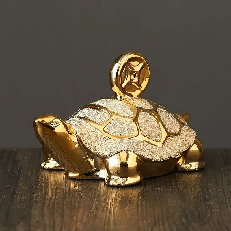 Gold-Plated Ceramic Fortune Turtle Lucky Money Figurine Home & Office