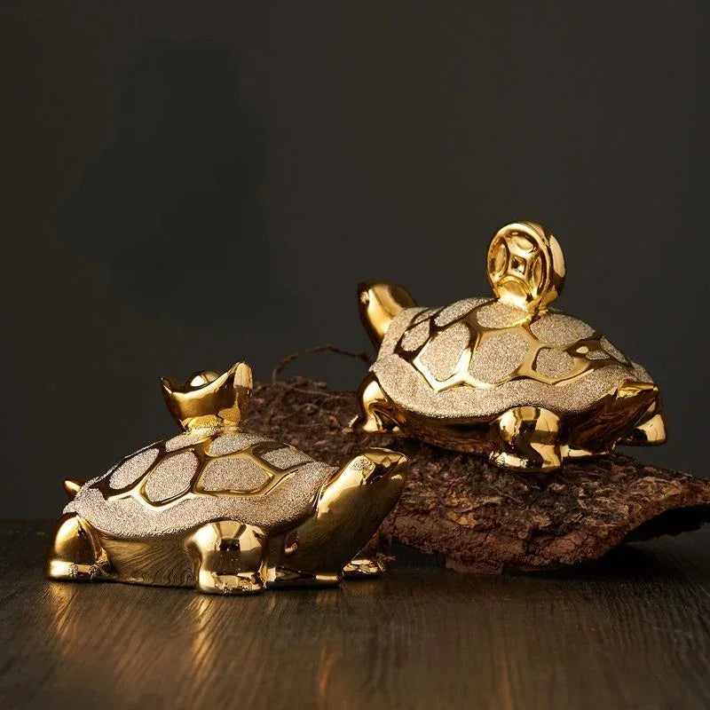 Gold-Plated Ceramic Fortune Turtle Lucky Money Figurine Home & Office
