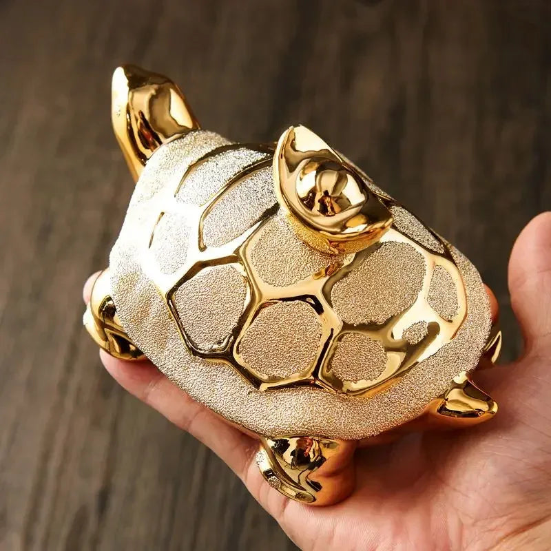 Gold-Plated Ceramic Fortune Turtle Lucky Money Figurine Home & Office
