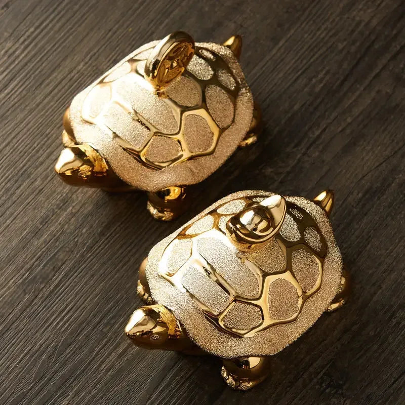 Gold-Plated Ceramic Fortune Turtle Lucky Money Figurine Home & Office
