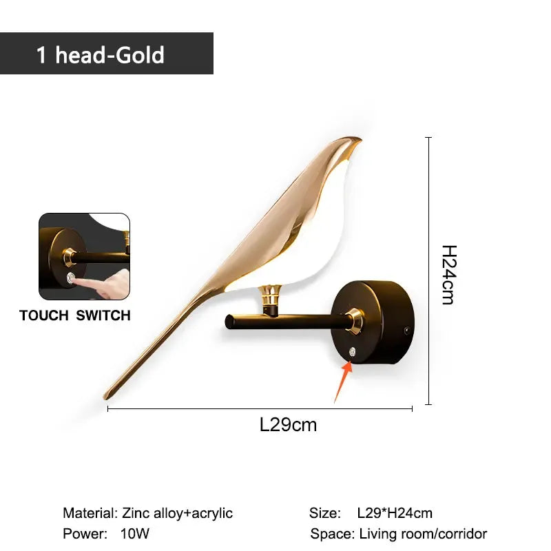 Magpie Bird LED Wall Lamp – 360° Rotatable Touch Sconce