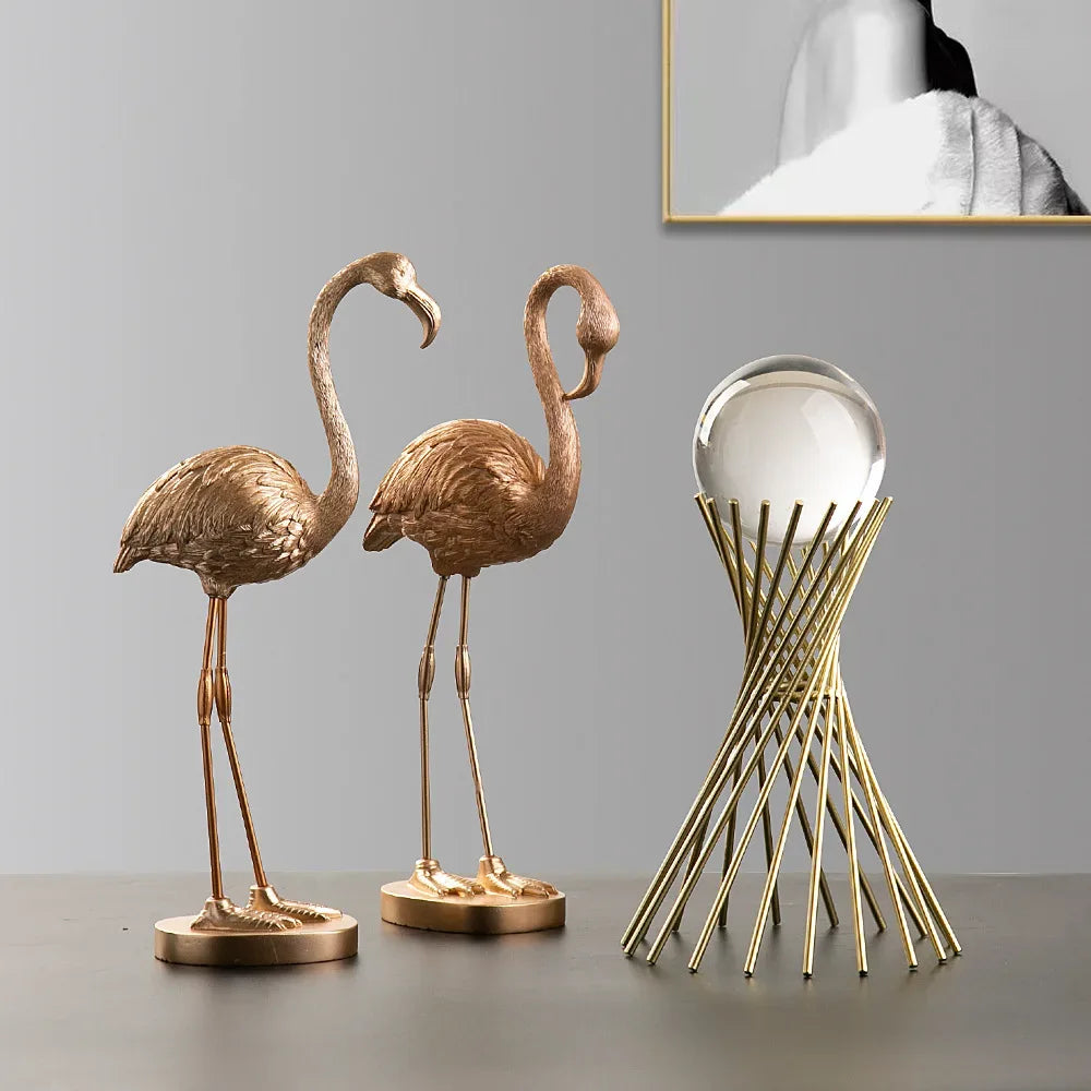 Golden Flamingo Resin Figurine Luxury Handmade Tabletop Sculpture Decor