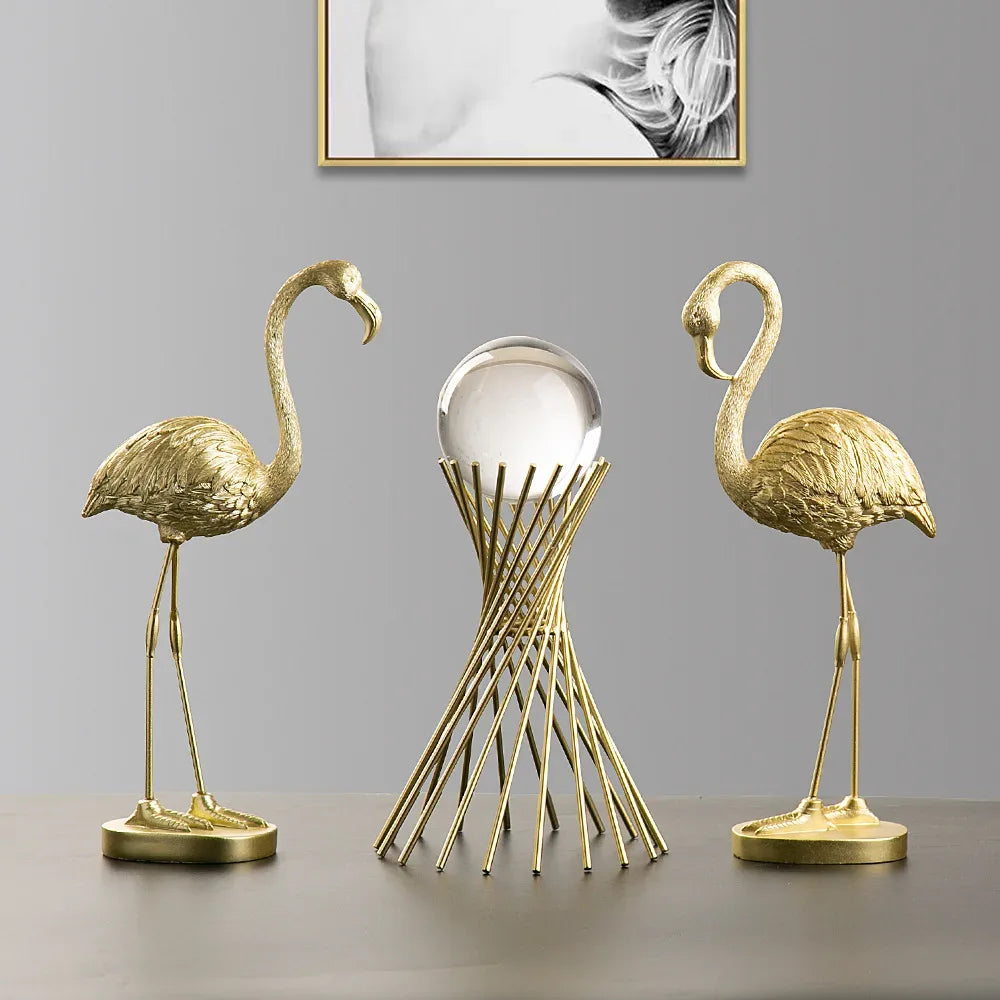 Golden Flamingo Resin Figurine Luxury Handmade Tabletop Sculpture Decor