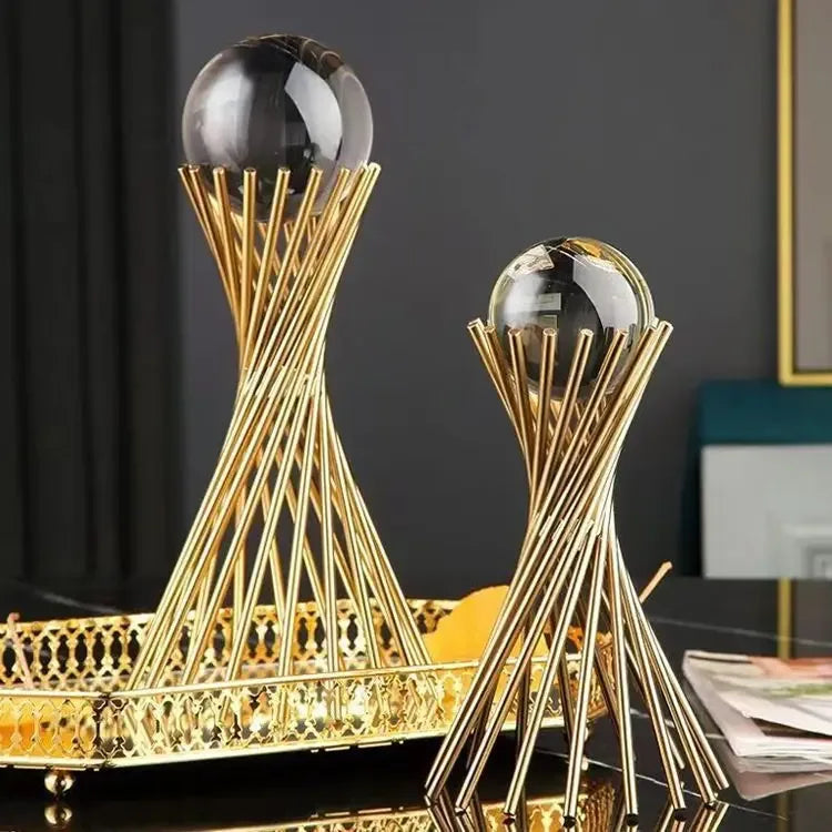 Golden Geometric Crystal Ball Statue Handmade Iron Desk Sculpture Decor
