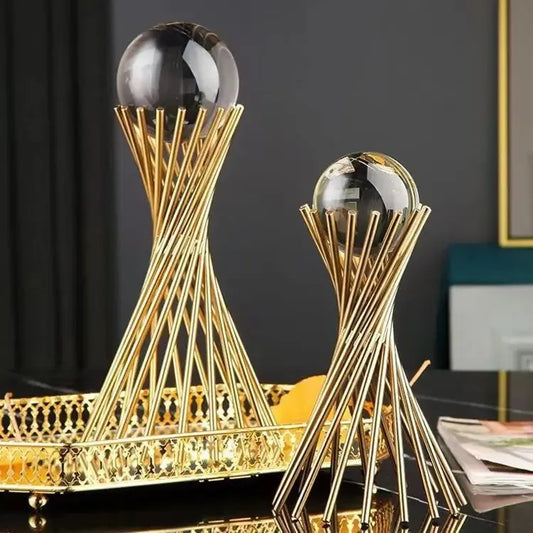 Golden Geometric Crystal Ball Statue Handmade Iron Desk Sculpture Decor