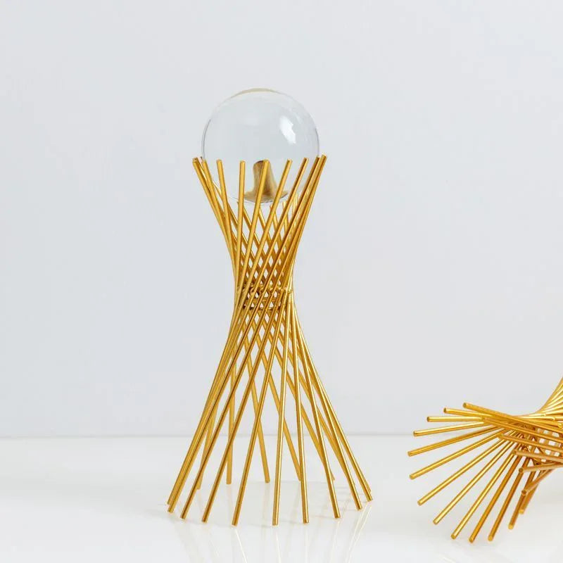 Golden Geometric Crystal Ball Statue Handmade Iron Desk Sculpture Decor