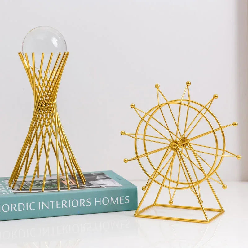 Golden Geometric Crystal Ball Statue Handmade Iron Desk Sculpture Decor
