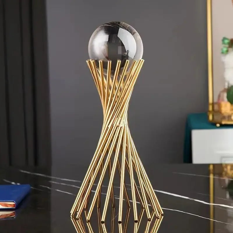 Golden Geometric Crystal Ball Statue Handmade Iron Desk Sculpture Decor