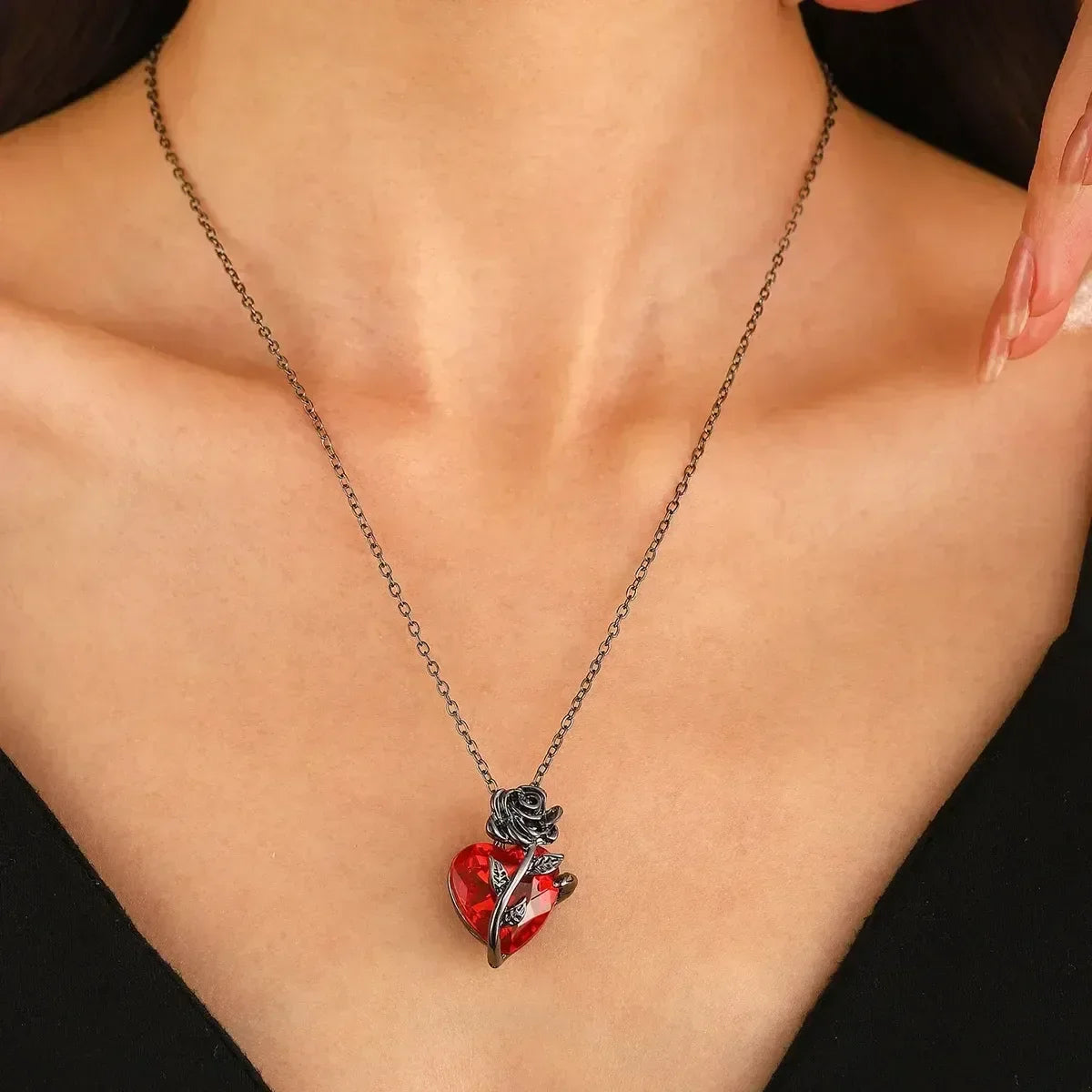Gothic Rose Red Heart Necklace – Grunge Human Heart Pendant Jewelry