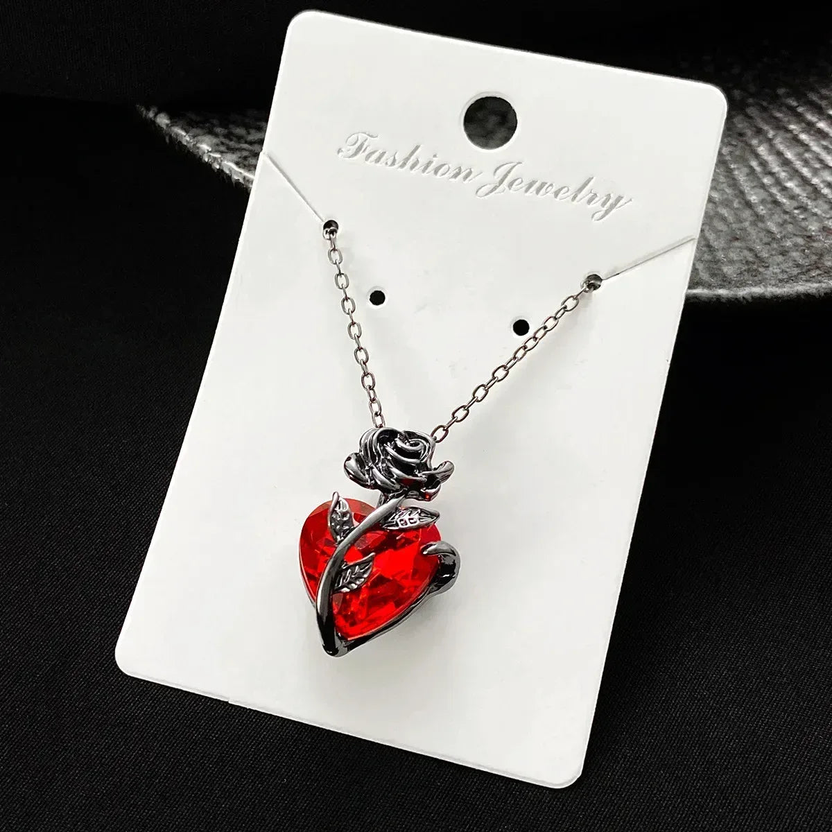 Gothic Rose Red Heart Necklace – Grunge Human Heart Pendant Jewelry