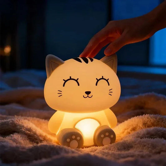 Gray Cat Bedside Night Light – Touch Dimming & Timer Rechargeable LED Lamp