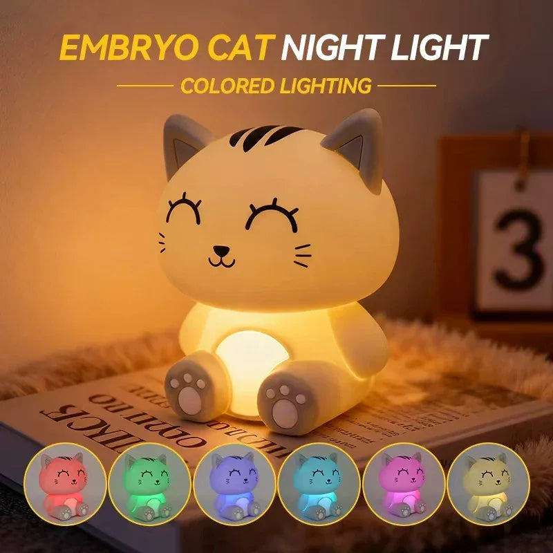 Gray Cat Bedside Night Light – Touch Dimming & Timer Rechargeable LED Lamp