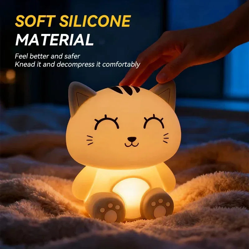 Gray Cat Bedside Night Light – Touch Dimming & Timer Rechargeable LED Lamp