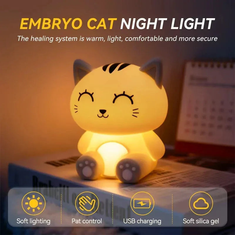 Gray Cat Bedside Night Light – Touch Dimming & Timer Rechargeable LED Lamp