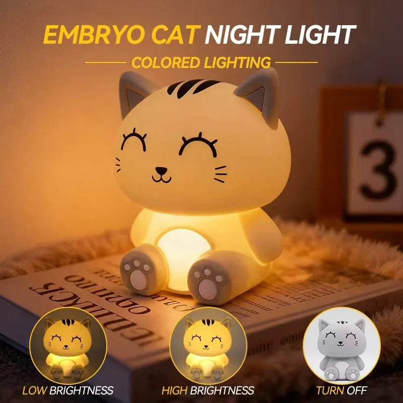 Gray Cat Bedside Night Light – Touch Dimming & Timer Rechargeable LED Lamp