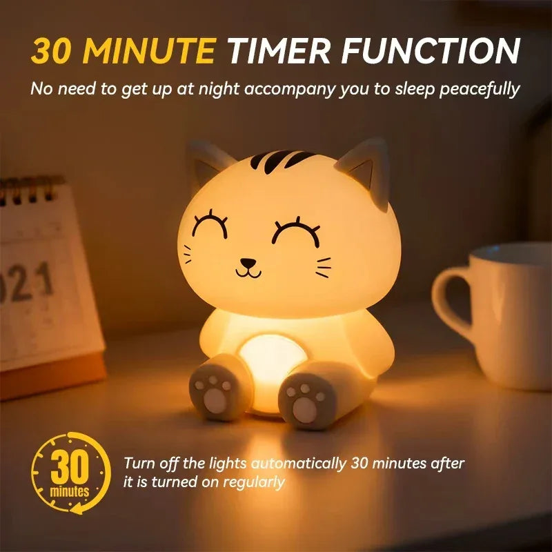 Gray Cat Bedside Night Light – Touch Dimming & Timer Rechargeable LED Lamp