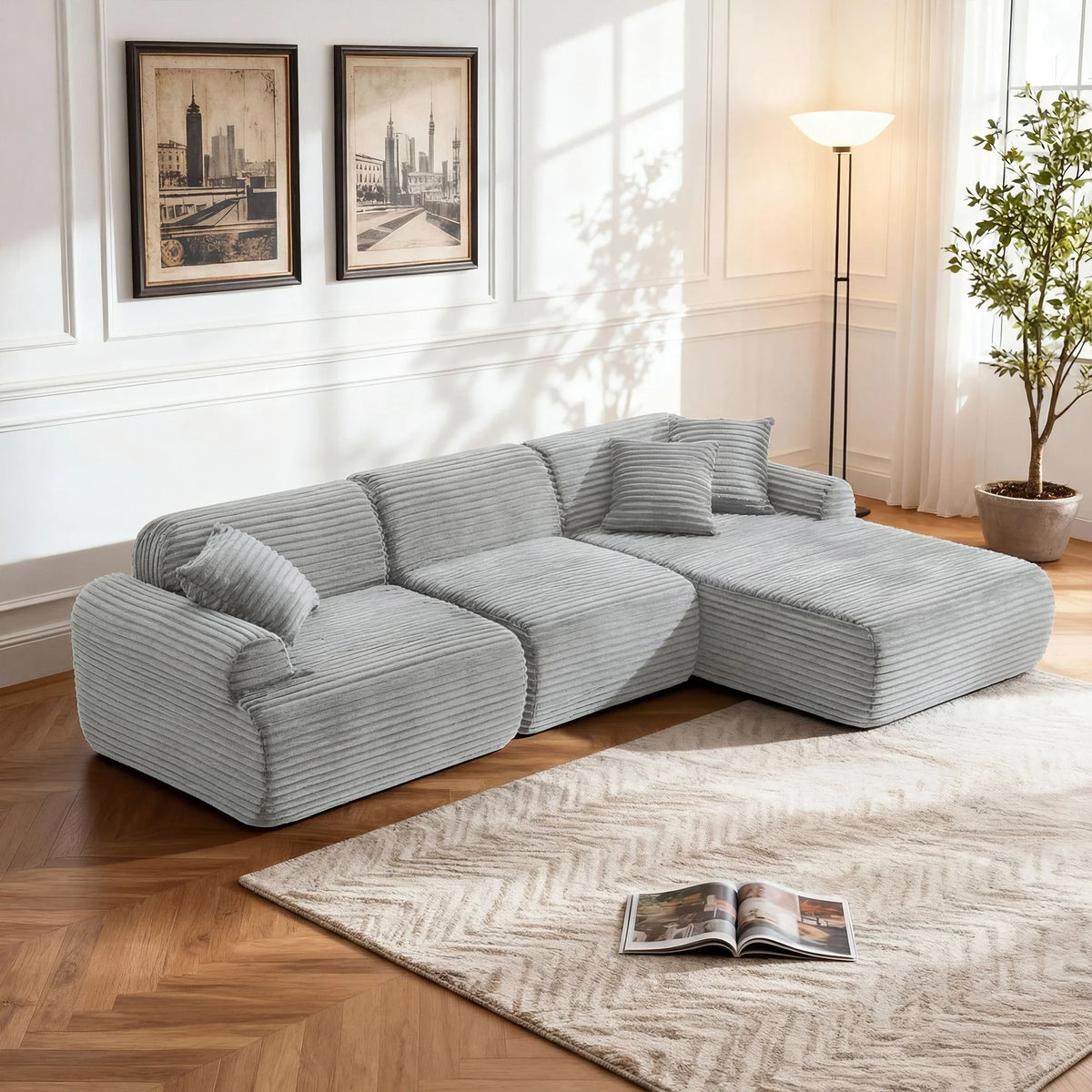 Oversized L-Shaped Modular Sofa Pet-Friendly Faux Leather & Corduroy