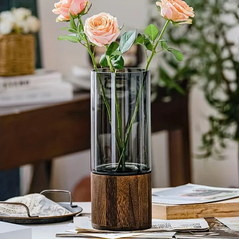 Hydroponic Glass Vase – Minimalist Wooden Base Decor