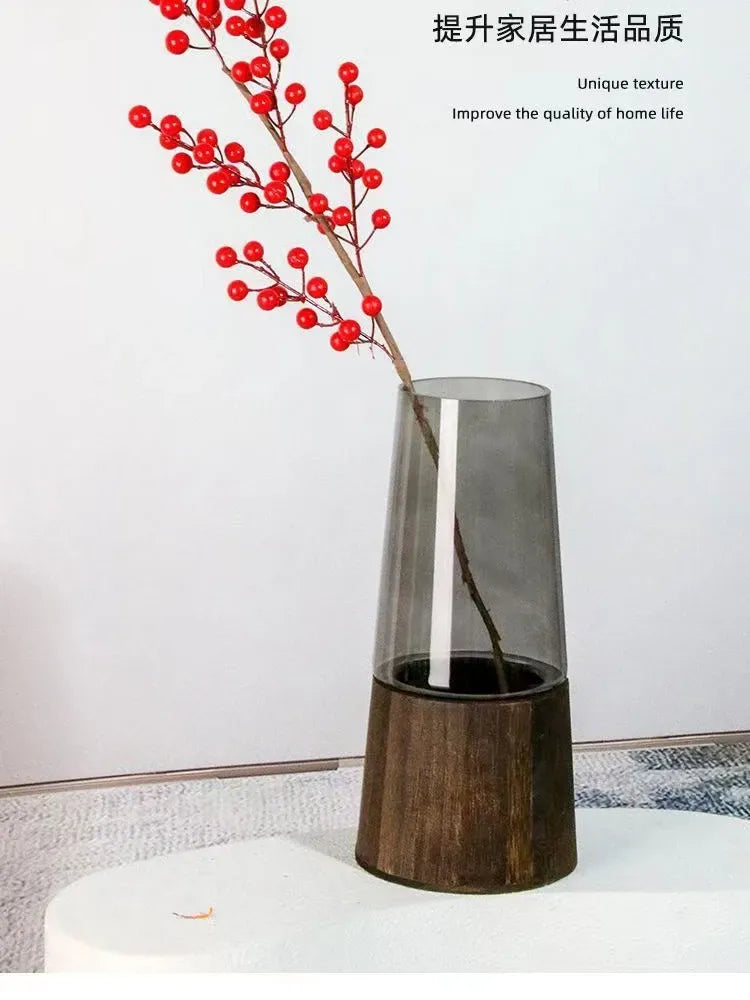Nordic Glass Vase – Wooden Base Hydroponic Tabletop Decor