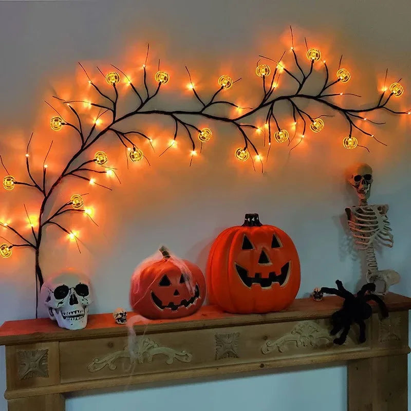 Halloween Willow Vine LED String Lights – Bat & Pumpkin Decor